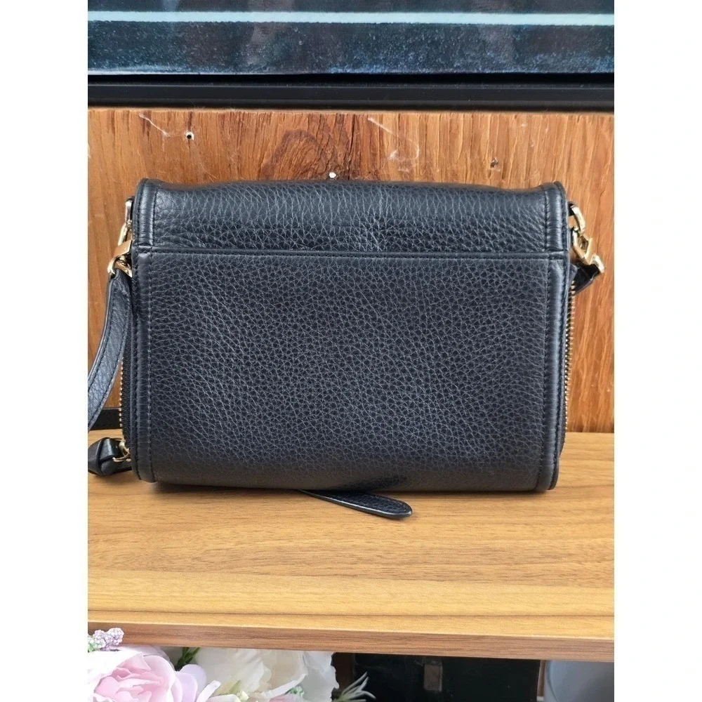 Tory Burch Thea Crossbody Wallet Bag Black Pebbled Leather Gold Hardware